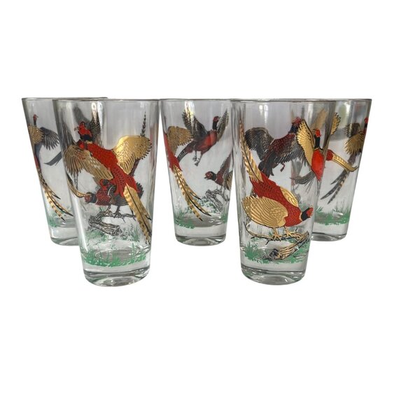 Vintage Highball Glasses Pheasant Design Set Of 5 Red Gold Rim - Picture 1 of 5